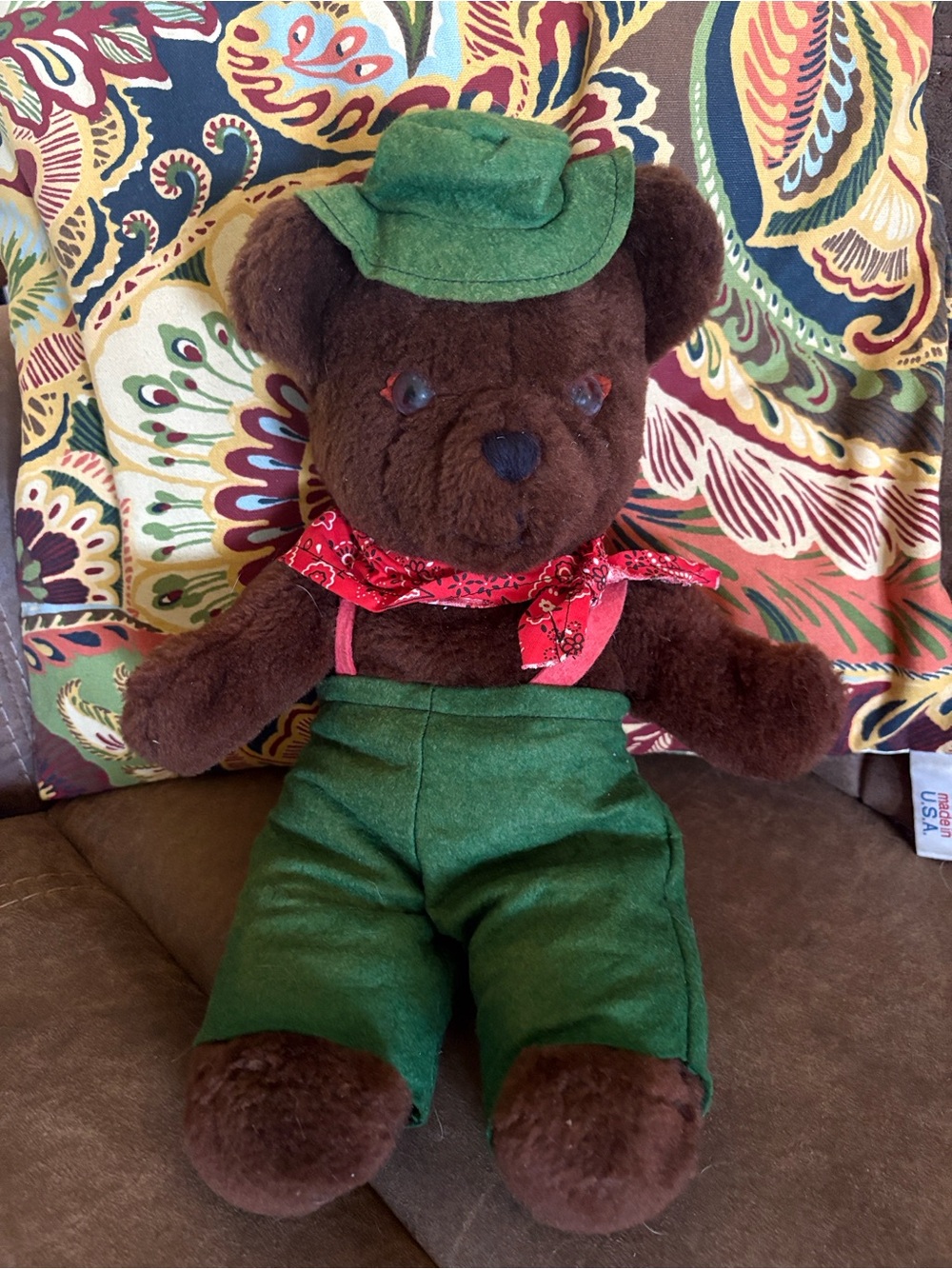 Vintage L.L. Bean teddy bear plush woodsman green felt overalls red scarf 🧣 hat
